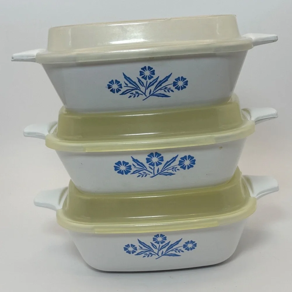 Vtg Corning Ware Blue Cornflower P-41 Petite Pan Casserole Set 3 W/ Lids‎ 1.75 C